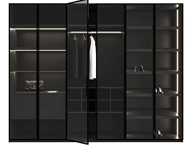 Modern Wardrobe With Glass Doors Hanging Area Storage Shelves Shoes Bags And Built In Lighting 3d model