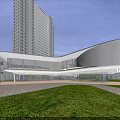 Modern Residential Building Complex With Tall Glass Curtain Walls And Nearby Bus Transportation