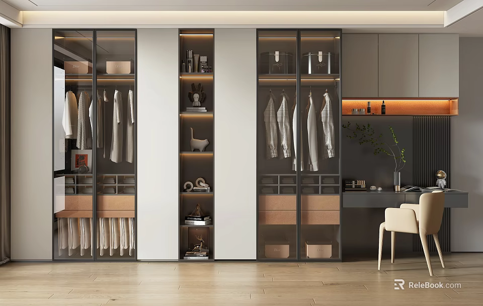 Modern Wardrobe Interior Design With Glass Door Clothing Storage Drawers And Shelves 3d model 