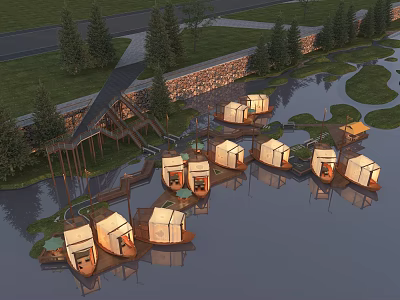 Waterfront Landscape Design With Floating Cabins Wooden Walkways Green Grass And Trees 3d model