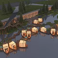 Waterfront Landscape Design With Floating Cabins Wooden Walkways Green Grass And Trees