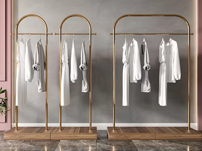 Golden Clothes Racks with Hanging White Clothes in Modern Interior Grey Wall Wooden Marble Floor 3d model