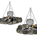 Garden Ornament Fire Pit With Tripod Hanging Pot Stone Border And Burning Wood