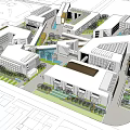 Modern Office Building Complex With Connected Structures Landscaped Courtyards And Water Features 3d model