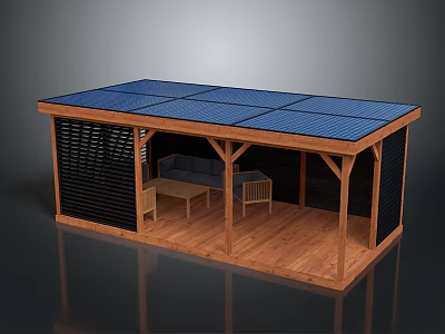 Cartoon Style Wooden Gazebo With Blue Solar Panel Roof Sofa Table Chairs And Black Shutters 3d model