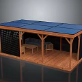 Cartoon Style Wooden Gazebo With Blue Solar Panel Roof Sofa Table Chairs And Black Shutters