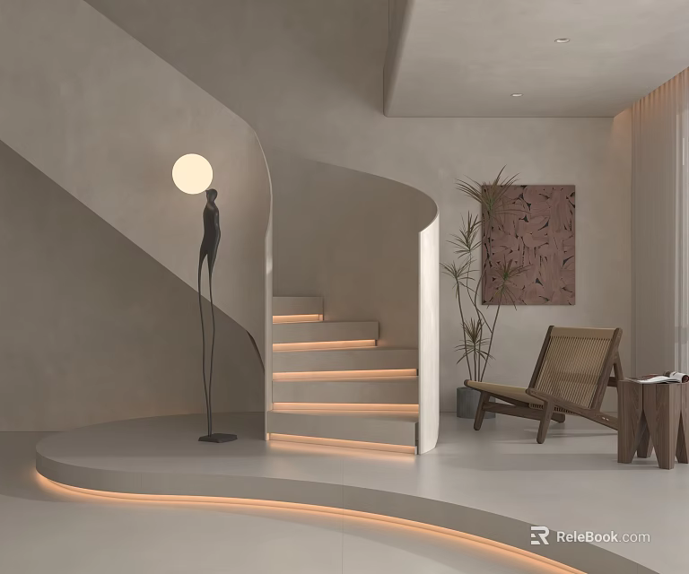Modern Spiral Staircase Interior With Floor Lamp Chair Plant and Wall Art 3d model 