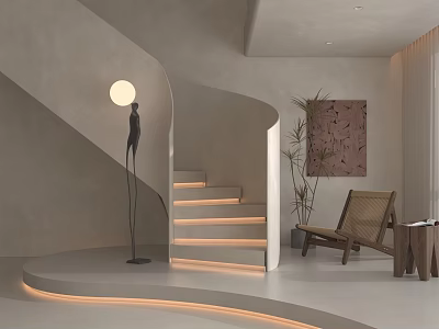 Modern Spiral Staircase Interior With Floor Lamp Chair Plant and Wall Art 3d model