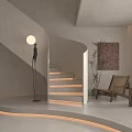 Modern Spiral Staircase Interior With Floor Lamp Chair Plant and Wall Art