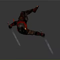 Game Movie Warrior Character In Battle Stance With Dual Swords Red Black Attire