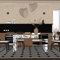 Elegant Restaurant Interior With Marble Dining Table Different Style Chairs And Leaf Shaped Wall Decor 3d model
