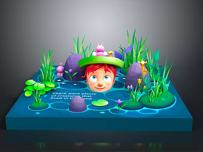 Cartoon Style 3D Architectural Model With Green Grass Purple Rocks And Lily Pads 3d model