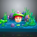 Cartoon Style 3D Architectural Model With Green Grass Purple Rocks And Lily Pads