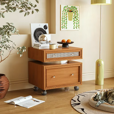 Wooden Nightstand With Drawers On Wheels And Tray Holding Oranges Near Green Plant 3d model
