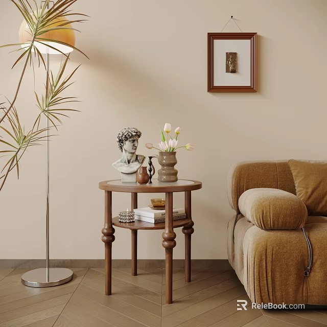 Wooden Side Table with Round Top Featuring Statue Tulips Books Near Cozy Sofa Floor Lamp 3d model 