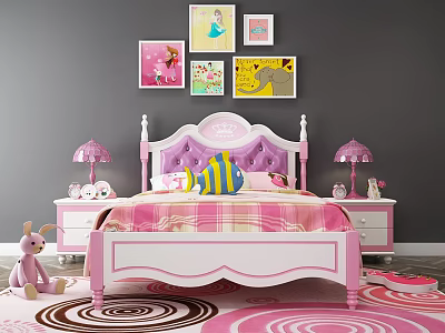 Pink Children's Bed with Upholstered Headboard Nightstands Lamps Kids Art Plaid Bedding and Spiral Rug 3d model