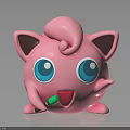 Cute Pink Cartoon Creature Character With Big Blue Eyes Curly Head Open Mouth And Green Object