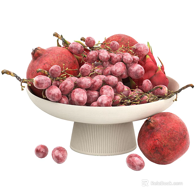 Fresh Fruits Pomegranates Grapes And Dragon Fruit In White Pedestal Bowl With Scattered Pieces 3d model 