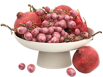 Fresh Fruits Pomegranates Grapes And Dragon Fruit In White Pedestal Bowl With Scattered Pieces 3d model