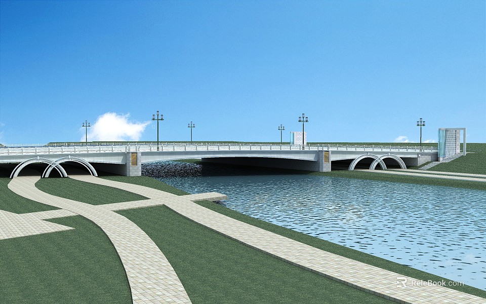Modern Bridge With Street Lamps Over River And Green Lawn Under Blue Sky 3d model 