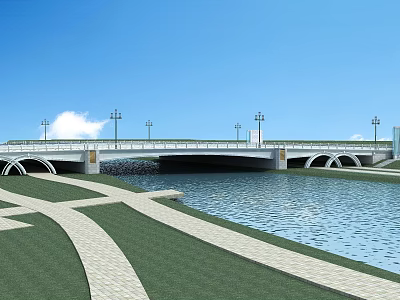 Modern Bridge With Street Lamps Over River And Green Lawn Under Blue Sky 3d model