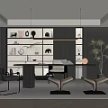 Modern Home Office Interior with Dark Bookshelves Writing Desk Stools Potted Plant and Window Blinds