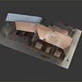 Multi Gable Traditional Half Timbered Building Model With Red Tile Roof And Green Windows