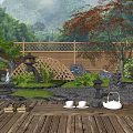 Japanese Courtyard Garden With Wooden Deck Stone Lanterns Arched Bridge And Red Maple Tree