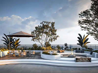 Modern Rooftop Garden With Umbrella Tables Chairs Trees Plants Fire Pit And Wooden Deck 3d model