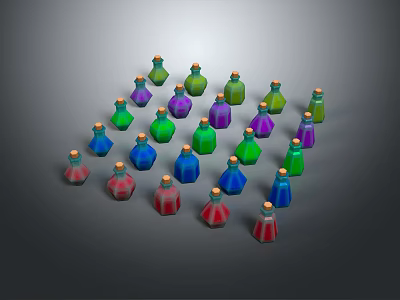 Medical Devices Colorful Small Bottles With Gold Caps Arranged On Gray Background 3d model