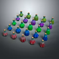 Medical Devices Colorful Small Bottles With Gold Caps Arranged On Gray Background