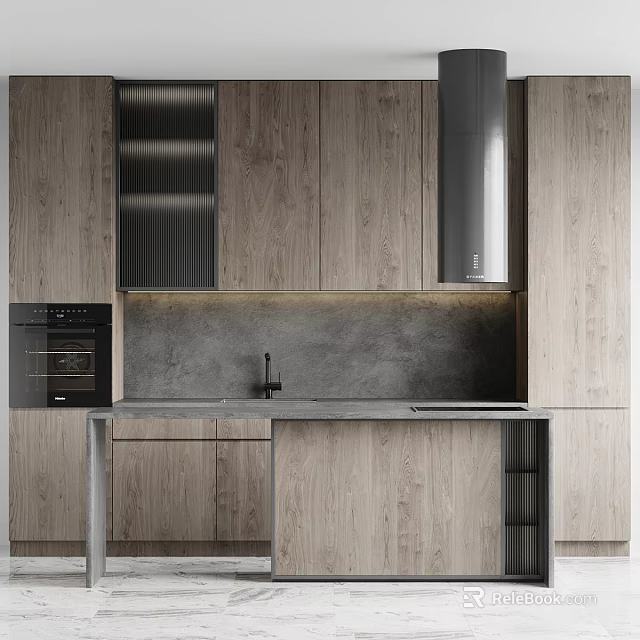 Modern Kitchen With Wooden Cabinets Concrete Countertop Oven And Range Hood 3d model 