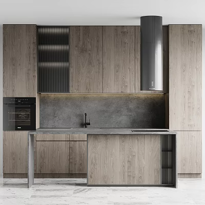 Modern Kitchen With Wooden Cabinets Concrete Countertop Oven And Range Hood 3d model