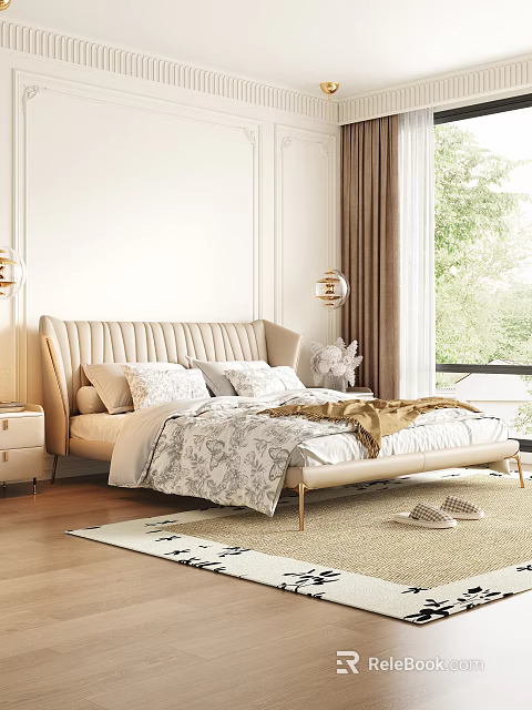 Elegant Double Bed With Beige Upholstered Headboard Patterned Bedding Bedside Table And Window View 3d model 