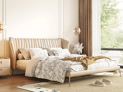 Elegant Double Bed With Beige Upholstered Headboard Patterned Bedding Bedside Table And Window View 3d model