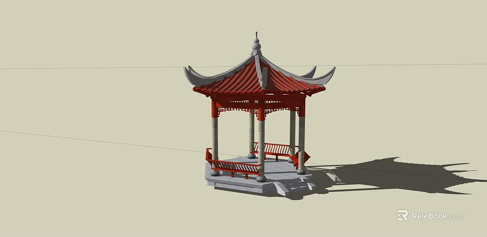 Chinese Traditional Pavilion With Red Tiled Roof Upturned Eaves Stone Base And Wooden Benches 3d model 