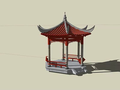 Chinese Traditional Pavilion With Red Tiled Roof Upturned Eaves Stone Base And Wooden Benches 3d model