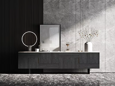 Elegant Modern Gray TV Stand With Marble Background Mirror And Vase Decorations 3d model