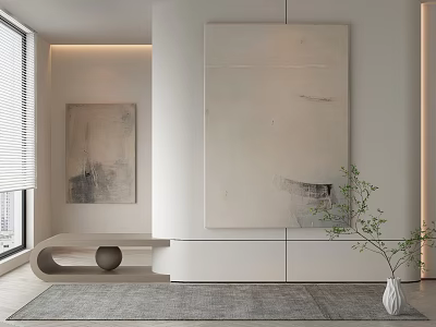 Two Abstract Paintings in Modern Interior With Gray White Tones Vase Plant and Gray Rug 3d model