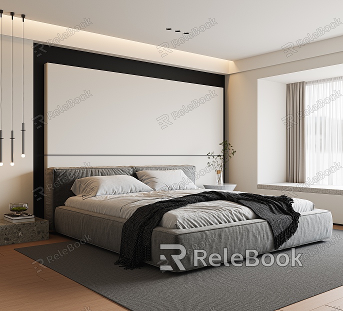 Modern Bedroom Double Bed Chandelier Carpet model