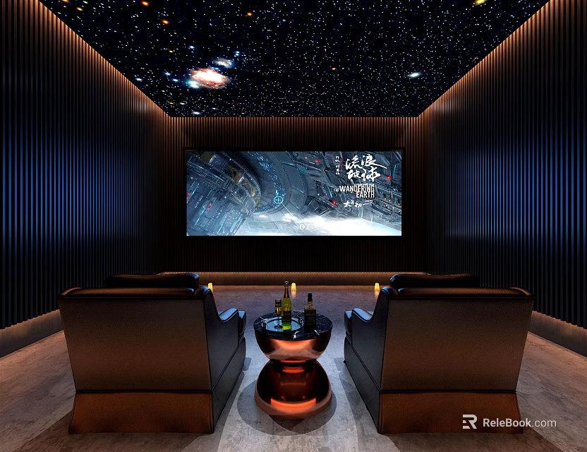 Modern Home Theater Interior With Starry Sky Ceiling Large Screen And Leather Sofas 3d model 