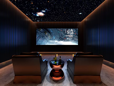 Modern Home Theater Interior With Starry Sky Ceiling Large Screen And Leather Sofas 3d model