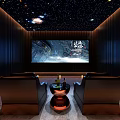 Modern Home Theater Interior With Starry Sky Ceiling Large Screen And Leather Sofas