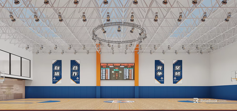 Basketball Gym Interior With Wooden Court Team Banners Scoreboard And Ceiling Lights 3d model 