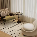 Cozy Interior Setup With Patterned Chair Round Table White Ottoman And Checkered Rug 3d model