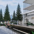 Modern Garden Landscape With Tall Pine Trees Green Lawn Stepped Pathway Statue And Building Background