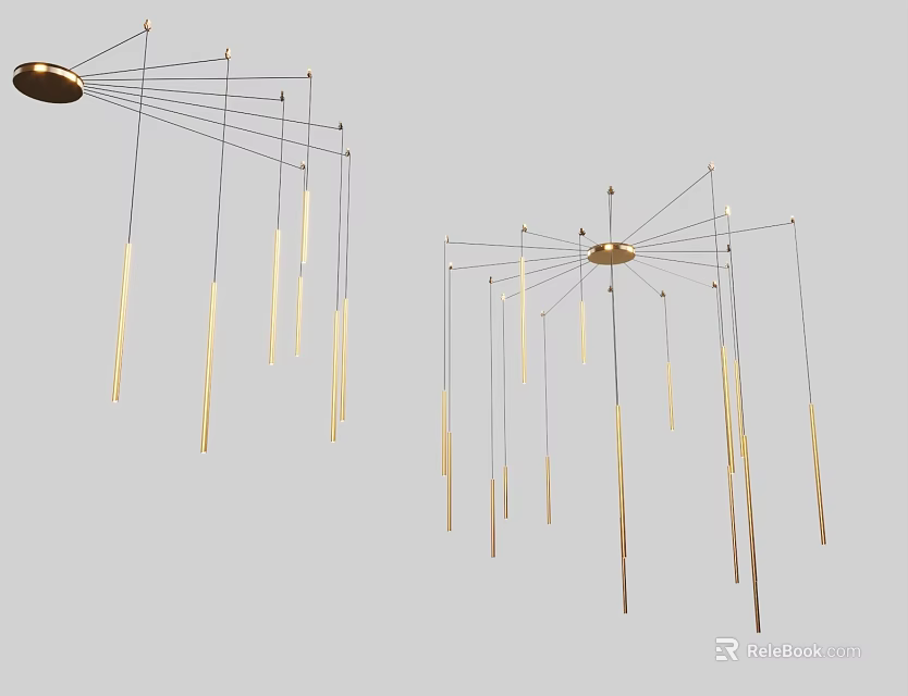 Modern Golden Chandeliers With Multiple Hanging Pendant Rods For Interior Decoration 3d model 