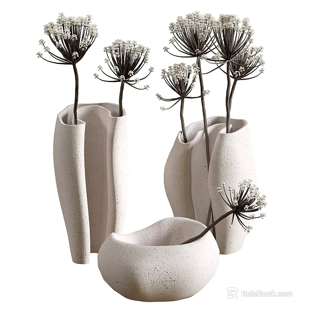 Modern White Ceramic Vases With Dried Flowers And Unique Curved Design 3d model 