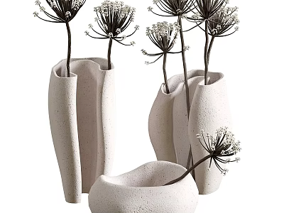 Modern White Ceramic Vases With Dried Flowers And Unique Curved Design 3d model