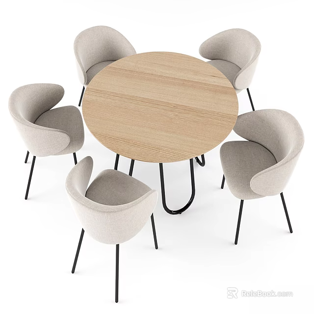 Modern Round Wooden Table Set with Four Upholstered Chairs and Metal Legs 3d model 